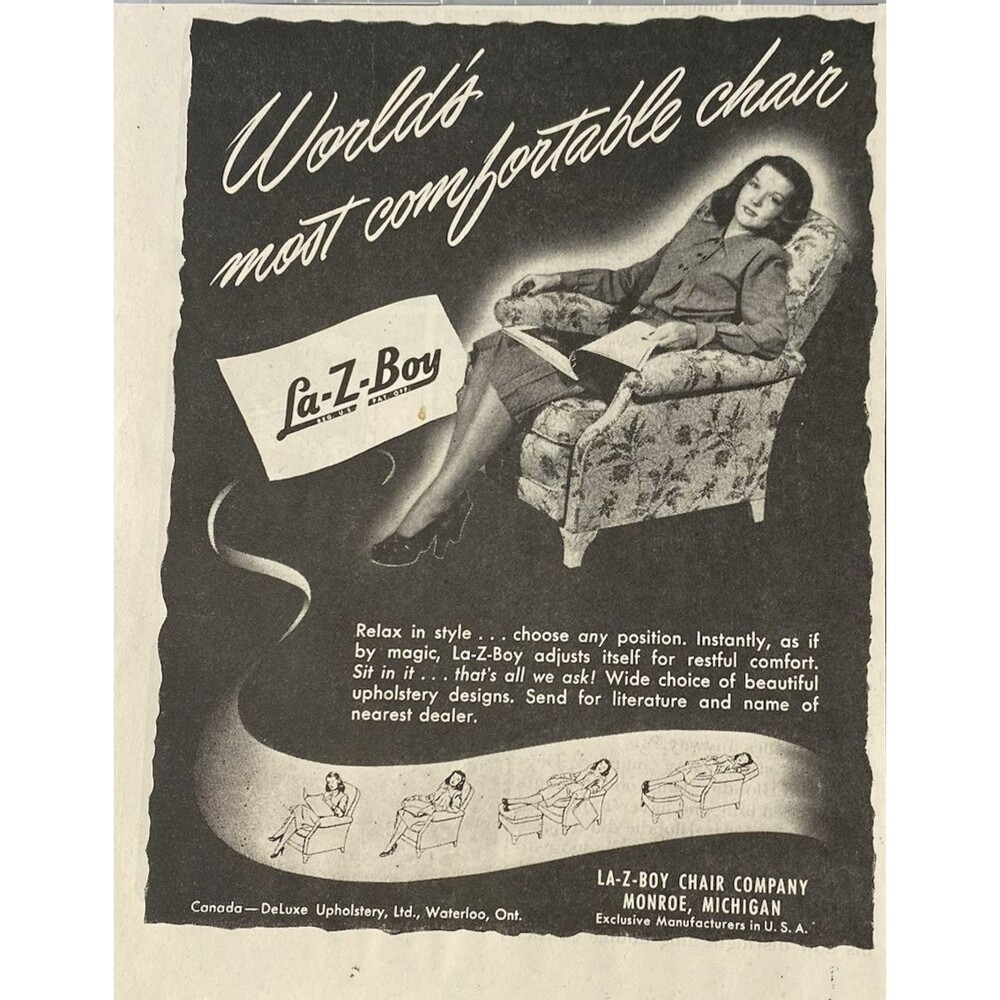 La-Z-Boy Chair Co. "World's Most Comfortable Chair" Vintage Print Ad 1948
